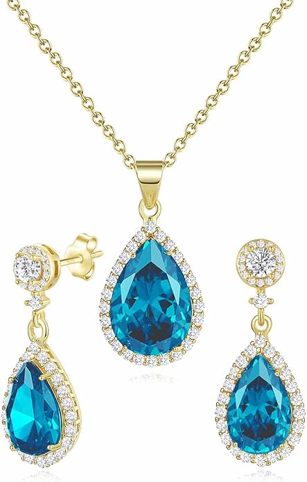 REASAYLL Jewelry Sets For Women 925 Sterling Silver Post Teardrop Dangle Stud Earrings Necklace Set Crystal Rhinestone Wedding Prom Costume Jewelry for Women