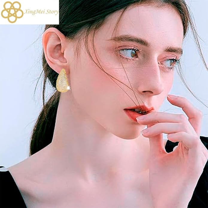 XingMei Story Gold Crystal Chunky Hoop Earrings - Sparkly Rhinestone Teardrop Design with 925 Sterling Silver Posts - Trendy Jewelry for Women, Perfect for Special Occasions (1pair)