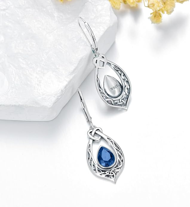 Celtic Knot Dangle Earrings 925 Sterling Silver Oxidized Vintage Drop Leverback Earrings with 8 * 6mm Simulated Birthstone Crystal Christmas Jewelry Gifts for Women (Gift Box)