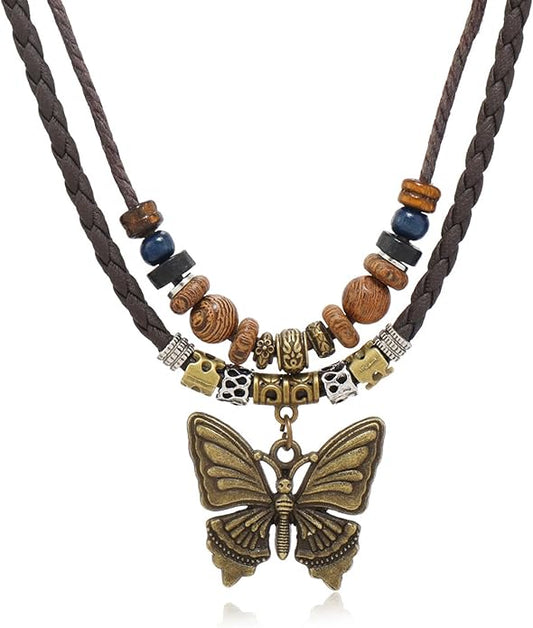 HETICA Boho Necklace for Women, Vintage Butterfly Necklace Adjustable Wooden Beads Layered Braided Necklace Fashion Tribal Style Leather Rope Necklace Jewelry