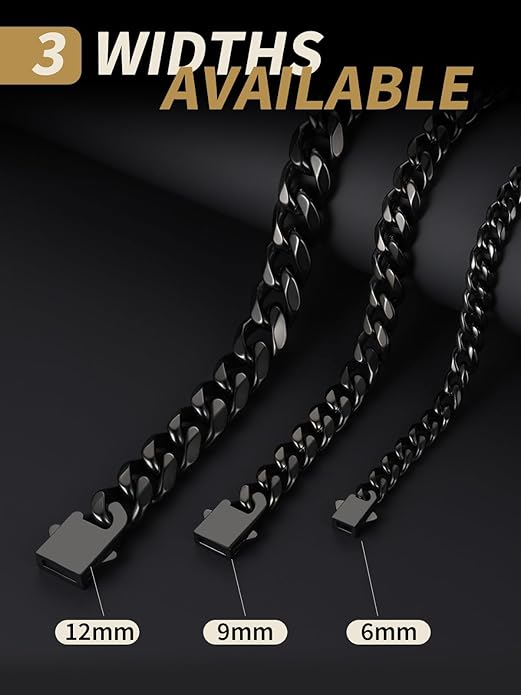 FindChic Cuban Link Chain for Men, 6/9/12mm Necklace Chain, Black/Gold Plated/Stainless Steel Necklace, Hypoallergenic & Tarnish-Proof Men's Jewelry Hip Hop Accessories, 18-30" Length Options