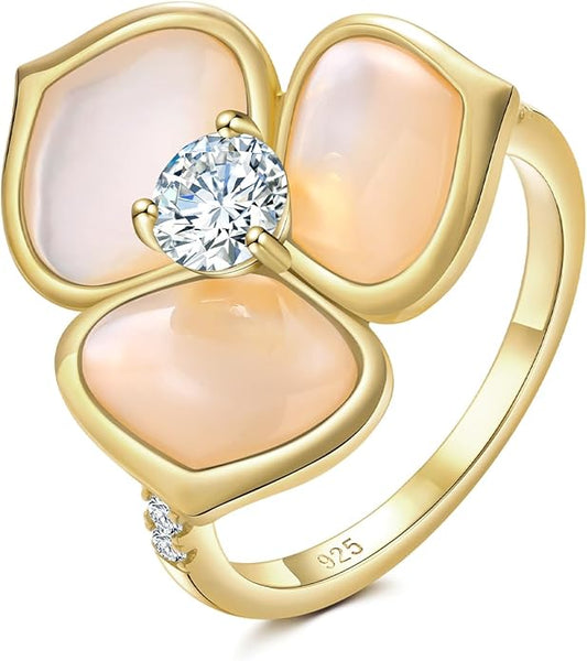 AIBAO Flower Gemstone Rings for Women Three Pental Turquoise/Malachite/Mother of Pearl Flower Ring with Cubic Zirconia Center Sterling Silver Statement Rings Size 6 to 10