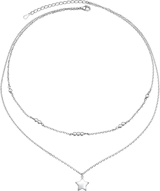 Layered Necklaces for Women S925 Sterling Silver Chokers Necklace for Women Circle/Heart/Double Circle/Cross/Star/Evil Eye Necklace Handmade Bead Necklaces Adjustable