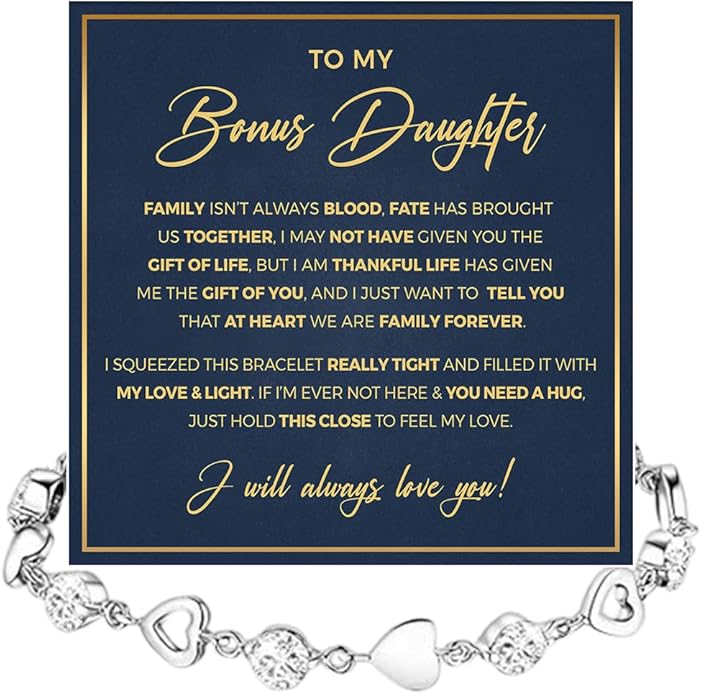 To My Bonus Daughter Heart Bracelet Gift, Beautiful Bonus Daughter Jewelry From Step Mom Dad With Message Card and Box Meaning, Christmas Graduation Birthday Gifts, To My Stepdaughter Bracelet