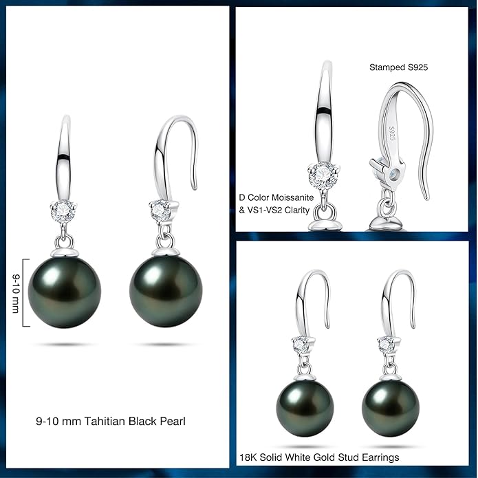Genunie Tahitian Black Pearl Earrings, 9-11mm AAAA Natural Ocean-Grown Pearls with Sterling Silver Moissanite Earring, Anniversary Wedding Birthday Christmas Gift for Wife Mom Daughter, Women Jewelry