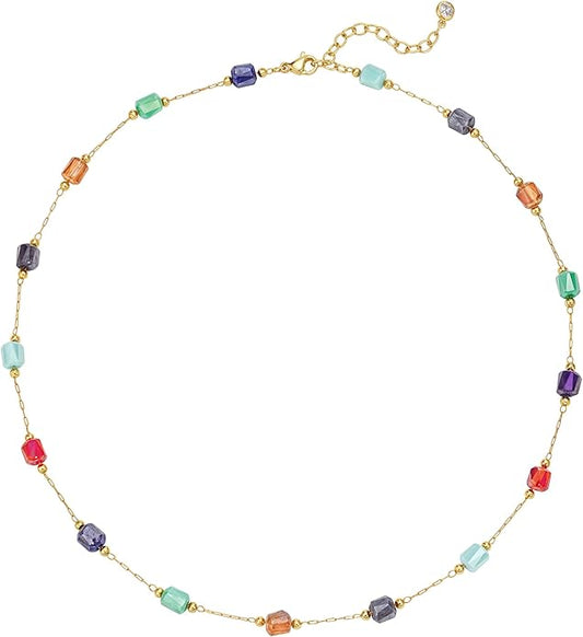 MTMY Beaded Necklaces for Women 14K Gold Plated Dainty Colorful Green/Rose Beaded Pearl Choker Necklace Delicate Boho Choker Necklace Jewelry Gift