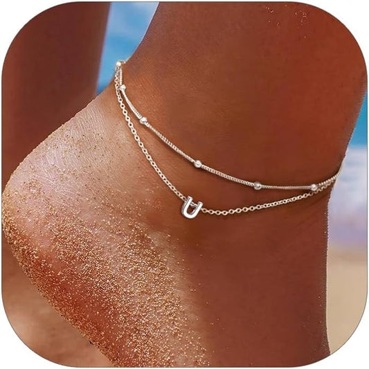 ChicSilver Ankle Bracelets for Women Waterproof, 925 Sterling Silver Initial Anklets for Women, Adjustable Dainty Layered Anklet Beach Jewelry for Women Mom Wife Friend
