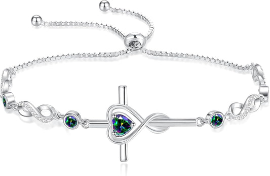 FANCIME Gift for Women Cross Bracelet 925 Sterling Silver Heart Birthstone Bracelet Fine Jewelry Birthday Gifts for Her Women