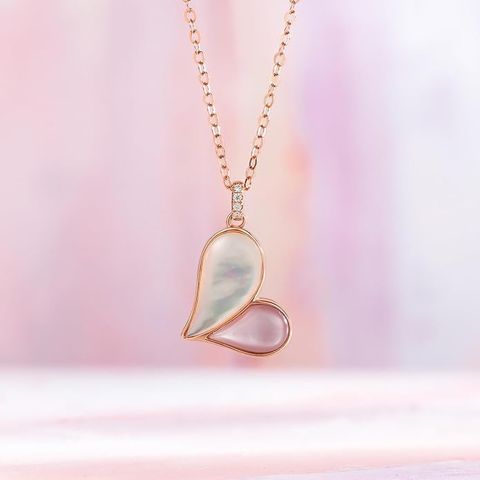 ZHOU LIU FU Heart Necklace 18K/750 Rose Gold Necklace with Diamond White Pink Mother of Pearl Jewelry 40+5CM Adjustable Chain Gifts for Women Girlfriend Wife Best Friends