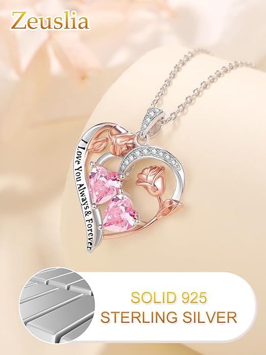 Zeuslia Double Birthstone Necklace Gifts for Wife - 925 Sterling Silver Sunflower/Rose/Crown Cross/Compass/Heart Pendant I Love You Necklace, Anniversary Birthday Gifts for Wife Girlfriend Mom Her
