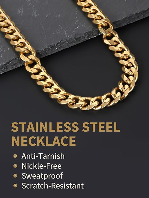FindChic Cuban Link Chain for Men, 6/9/12mm Necklace Chain, Black/Gold Plated/Stainless Steel Necklace, Hypoallergenic & Tarnish-Proof Men's Jewelry Hip Hop Accessories, 18-30" Length Options