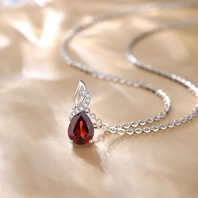 FANCIME 14K Solid White Gold Teardrop Pendant with Diamond Birthstone Necklace