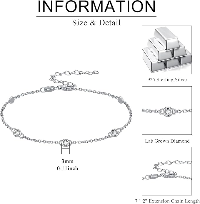 Diamond Bracelets for Women 925 Sterling Silver Dainty Bracelet with Adjustable Chain Minimalist Elegant Jewelry Gift for Women