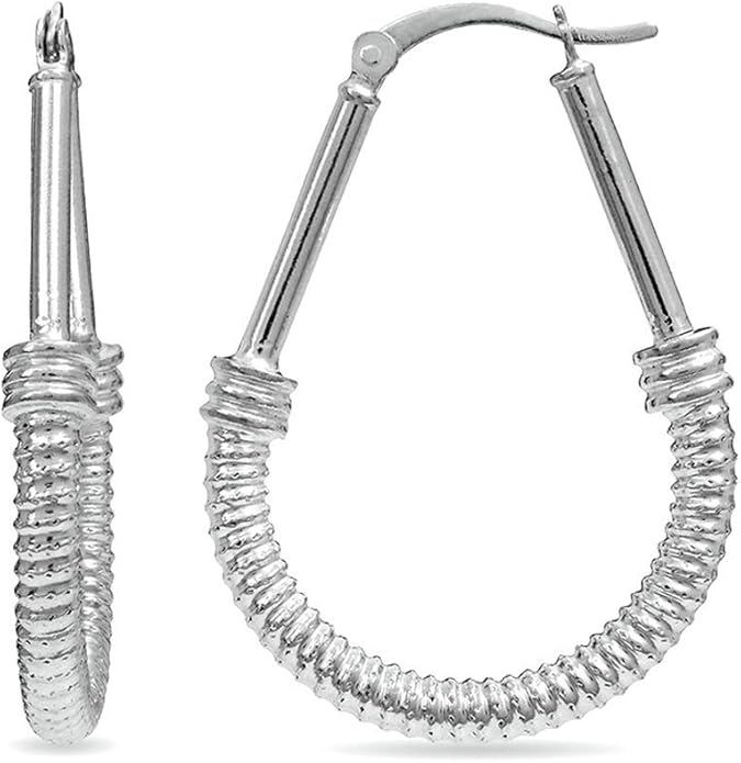 LeCalla 925 Sterling Silver Hoop Earrings | Italian Design Classic Diamond-Cut Textured Earring Hoops | Women's Drop Shape Oval Hoop Earring Jewelry for Women