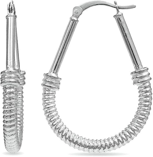 LeCalla 925 Sterling Silver Hoop Earrings | Italian Design Classic Diamond-Cut Textured Earring Hoops | Women's Drop Shape Oval Hoop Earring Jewelry for Women