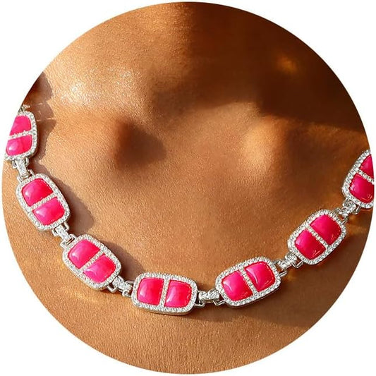 Chunky Necklace for Women 12 Colors Diamond Stone Gold Statement Necklace for Women Full Trendy Blue Birthstone Choker Necklace for Women Square Design Necklace Jewelry