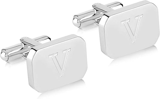 18K White-Gold Plated Initial Engraved Stainless Steel Men’s Cufflinks With Gift Box -Personalized Alphabet Letter’s A-Z By Lux & Pair