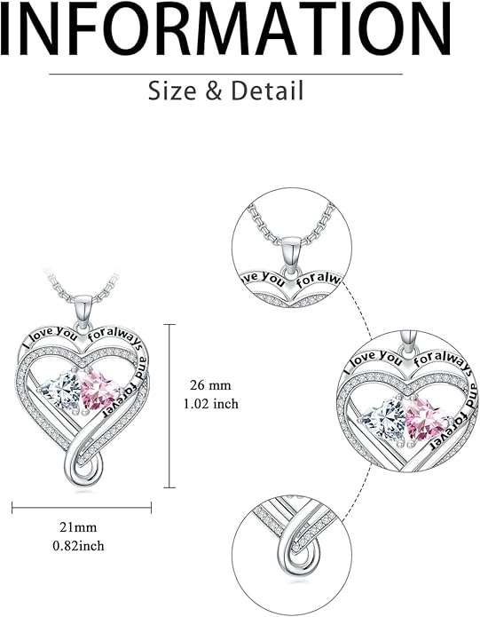 I Love You for Awlays and Forever Double Heart Necklace with Birthstone, 2 Birth Stone Jewelry Anniversary Valentines Mothers Day Christmas Birthday Gifts for Women Her Wife Girlfriend Mom Mother