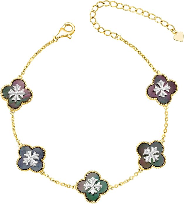 Fydesta 18K Gold Plated Clover Bracelet, Mother of Pearl Four Leaf Flower Bracelet for Women, 6.9" + 2" Adjustable Bracelet, Cross Motif, Gold or Silver Tone