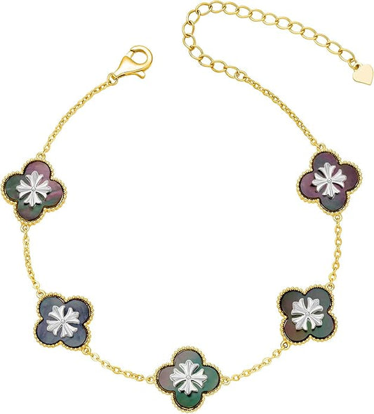 Fydesta 18K Gold Plated Clover Bracelet, Mother of Pearl Four Leaf Flower Bracelet for Women, 6.9" + 2" Adjustable Bracelet, Cross Motif, Gold or Silver Tone