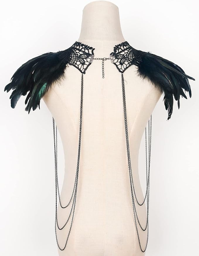 L'VOW Real Black Feather Harness Lace Collar Necklace Bib Halloween