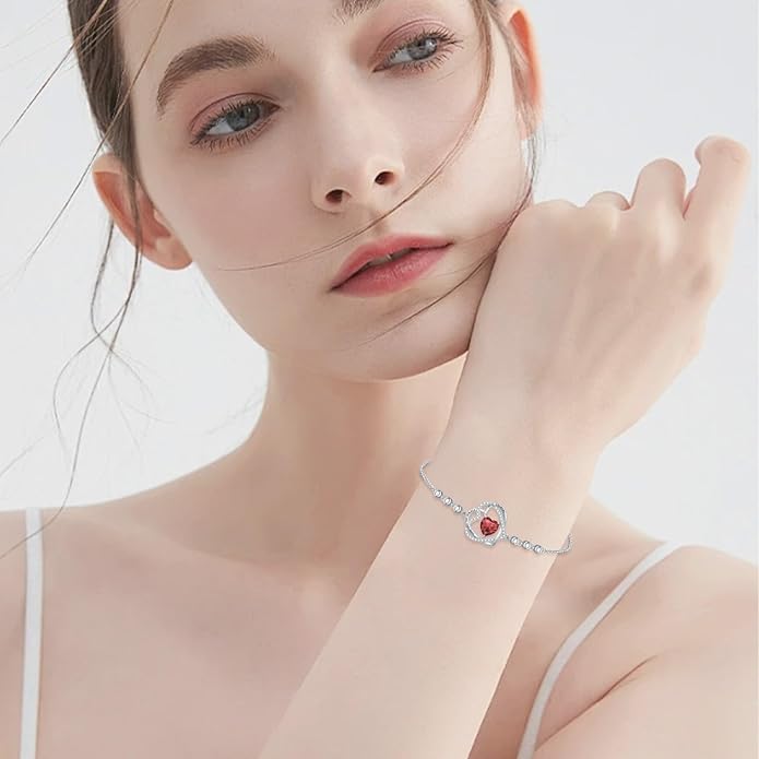 TOUPOP Heart Birthstone Bracelet 925 Sterling Silver Double Heart Bracelet Love You for Always and Forever Jewelry Anniversary Birthday Christmas Gifts for Women Wife Her
