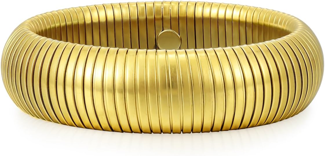 Emibele Gold Bangles Bracelet Set for Women, 18K Gold Plated Chunky Stainless Steel Non Tarnish Stretch Bracelet Stack, Flexible Wide Wristband Bangle Layered Snake Chain Bracelets