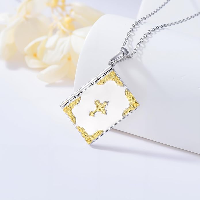 925 Sterling Silver Mini Bible Book Pendant Necklace, Openable Vintage Necklace, Christian Prayer Scripture Jewelry for Men and Women