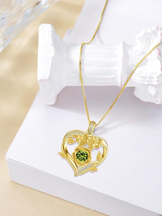 Midari 18K Gold Heart Birthstone Necklace for Women Rose Pendant Birthday Jewelry Gifts for Wife Her Daughter Mom