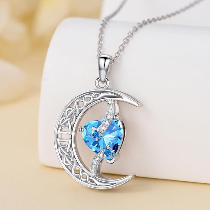 TOUPOP Moon and Star Birthstone Necklace for Women 925 Sterling Silver Celtic Moon Jewelry Birthday Christmas Gifts for Her Girlfriend