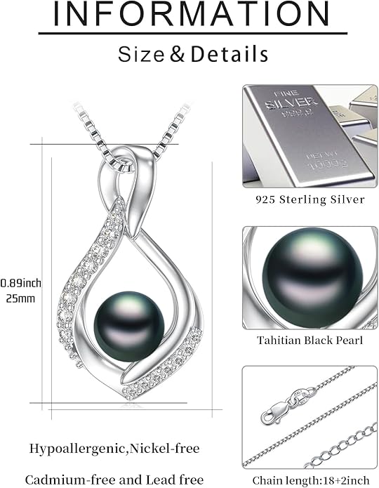 Tahitian Black Pearl Necklace Infinity Gifts for Women Wife Wedding Birthday Anniversary Jewelry Valentines Christmas Day Gifts 925 Sterling Silver