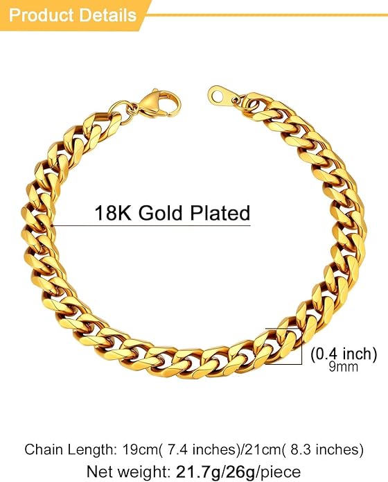U7 Link Bracelets for Men, Cuban Link/Rope/Watch Band Solid Bracelet, Silver Black Gold Color Wrist Bracelet 3/6/9/12/15mm Width, 6.5/7.5/8.3 Inch Length, Hand Chain Jewelry for Mens Women