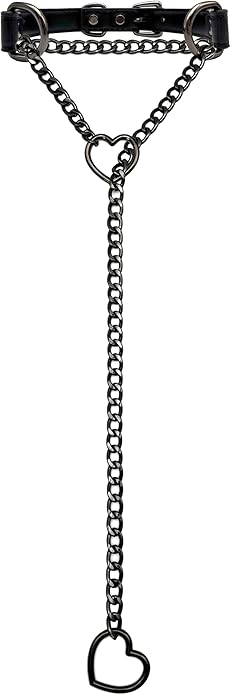 Black Leather Choker Collar For Women, Handmade Heart Slip Chain Choker Long Necklace with Adjustable Buckle