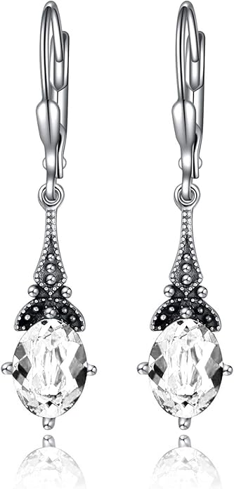 AOBOCO Vintage Earrings for Women Sterling Silver Retro Drop Dangle Leverback Earrings with 8x6mm Oval Genuine or Simulated Birthstone Crystal from Austria, Anniversary Jewelry Gifts for Her Women