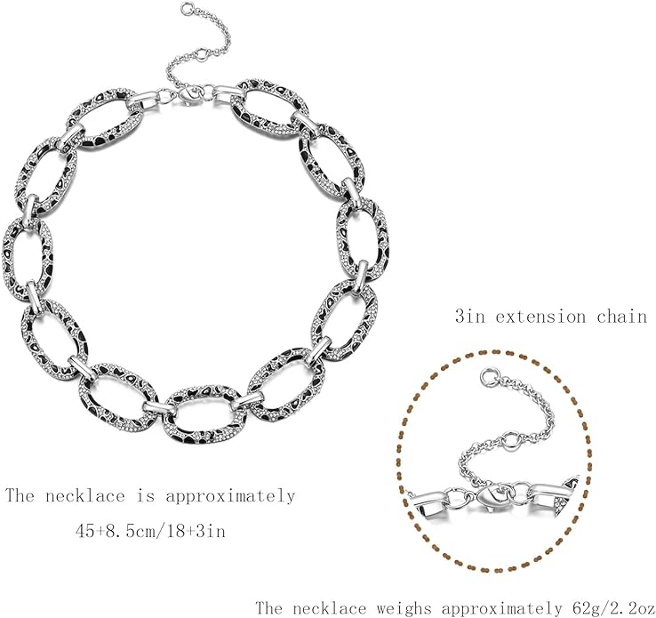 Chunky Chain Necklace Geometric Links Collar Necklace, Animal Prints Black and White Enamelled with Rhinestone Embellished Details Women Gifts