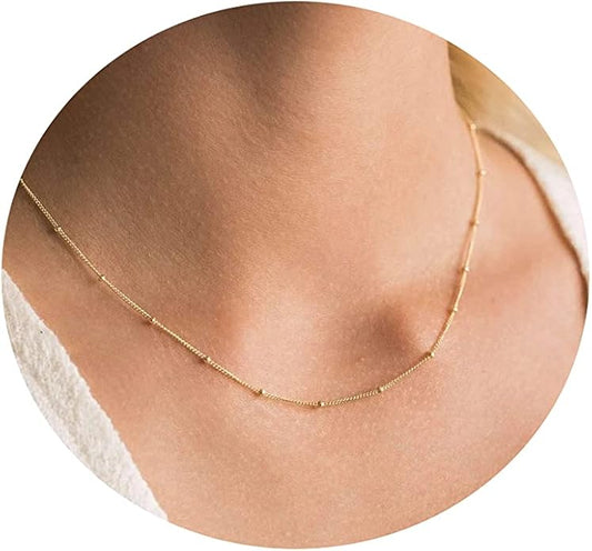 Dainty Chain Necklace for Women, 18K Gold Plated Coin Disc Choker Necklaces Simple Satellite Beaded Twisted Thin Paper Clip Chain Everyday Jewelry Gifts