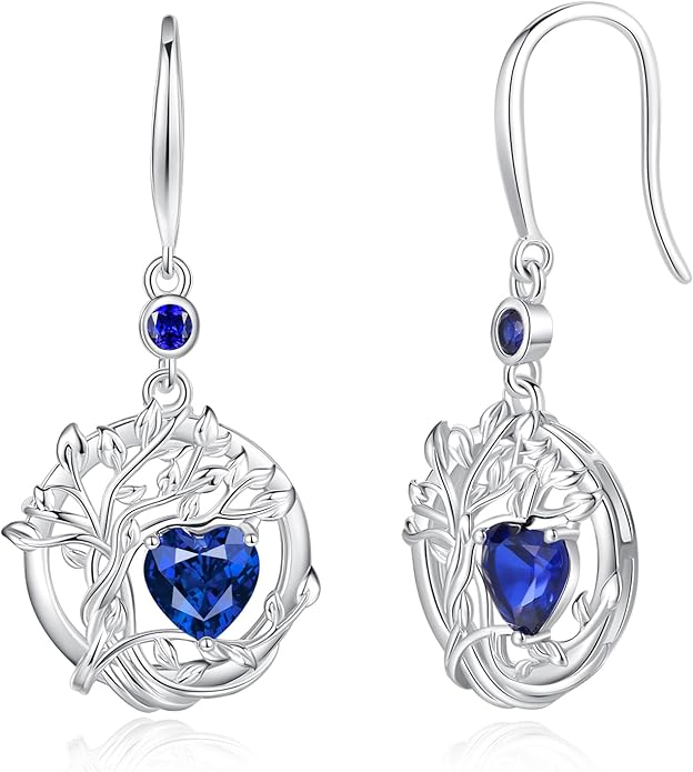 FANCIME Tree of Life Dangle Drop Earrings 925 Sterling Silver Dainty Round Gemstone Birthstone Earring Fine Jewelry Birthday Christmas Gifts for Her Women