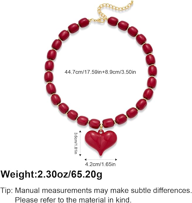 YUJIE Chunky Heart Penadnt Necklace for Women- Exaggerated Statement Puff Heart Necklace with Acrylic Beaded Chain