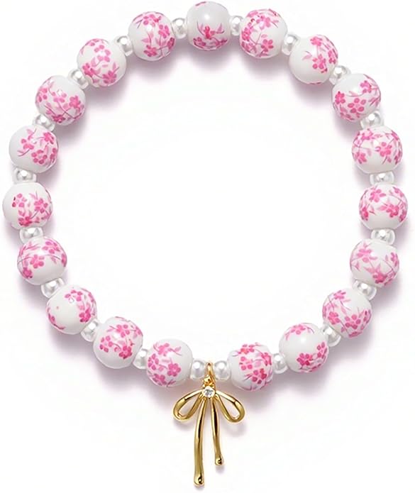 Beads Bow Charm Bracelet for Women Flower Vintage Bracelet Handmade Stretch Beaded Dainty Romantic Jewelry Gifts