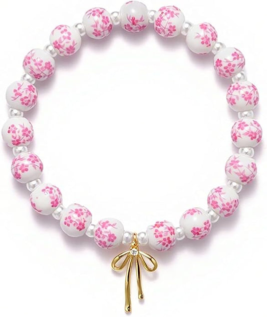 Beads Bow Charm Bracelet for Women Flower Vintage Bracelet Handmade Stretch Beaded Dainty Romantic Jewelry Gifts