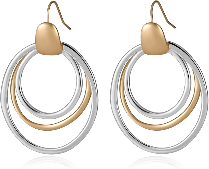 Mixed Metal Earrings, Round Circle Hoop Two Tone Dangle Earrings, Vintage Gold and Silver Geometric Earrings, Handmade Boho Earrings for Women