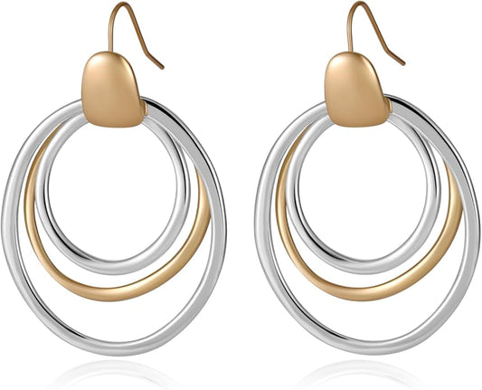 Mixed Metal Earrings, Round Circle Hoop Two Tone Dangle Earrings, Vintage Gold and Silver Geometric Earrings, Handmade Boho Earrings for Women