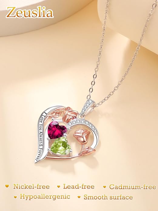 Zeuslia Double Birthstone Necklace Gifts for Wife - 925 Sterling Silver Sunflower/Rose/Crown Cross/Compass/Heart Pendant I Love You Necklace, Anniversary Birthday Gifts for Wife Girlfriend Mom Her