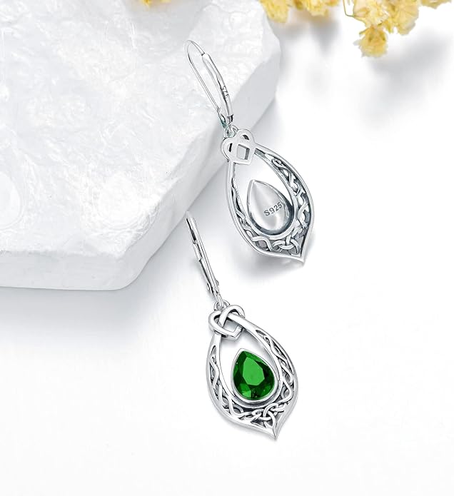 Celtic Knot Dangle Earrings 925 Sterling Silver Oxidized Vintage Drop Leverback Earrings with 8 * 6mm Simulated Birthstone Crystal Christmas Jewelry Gifts for Women (Gift Box)