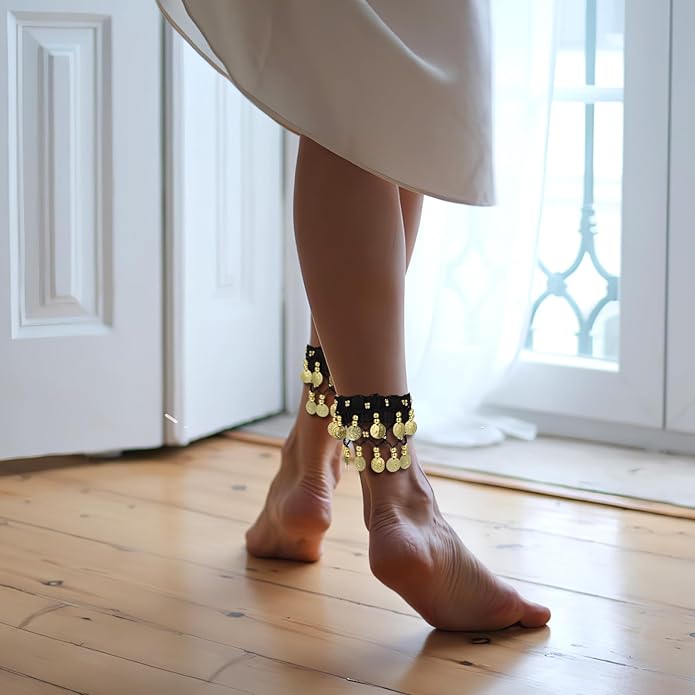 Belly Wrist Arm Bracelet - 2pcs Belly Ankle Bracelets with Coins Jewelry Anklet Chiffon Cuff Wrist Ankle Cuffs Costume Accessories