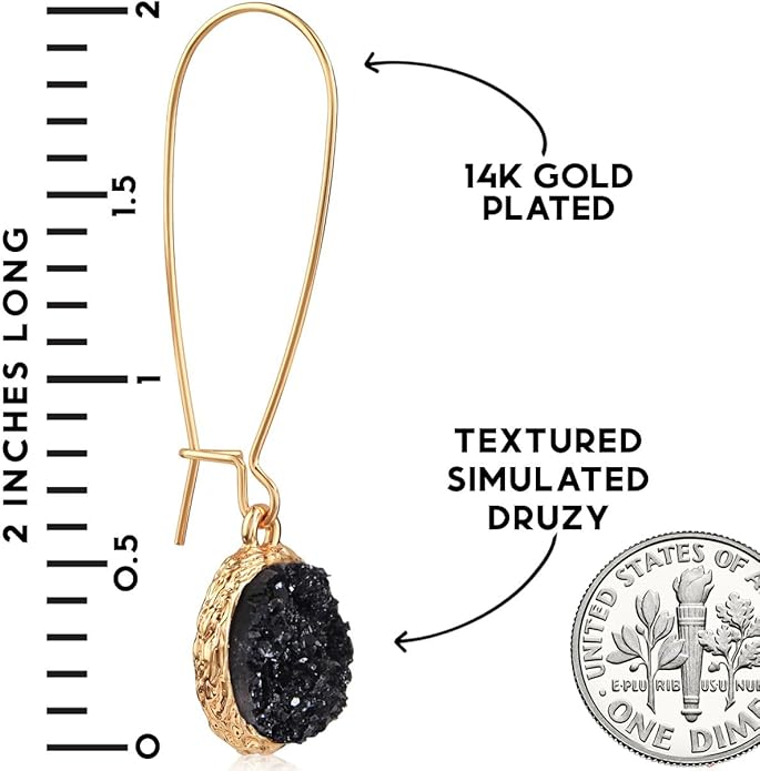 Simulated Druzy Threader Drop Earrings for Women - Gold, Silver, or Rose Gold Tone Trendy Boho Dangles with Sparkly Round Stone