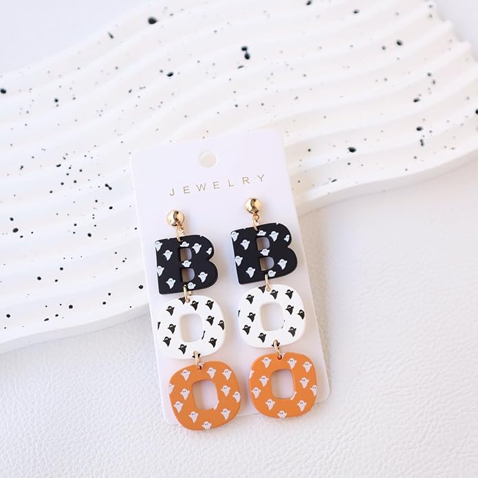 Halloween BOO Ghost Skull Earrings for Women, Gothic Dark Bat Dangle Earrings,Retro Acrylic Cute Lightweight Drop Dangle Earring Jewelry Gifts, Holiday Festive Cosplay Party Decorations Accessories