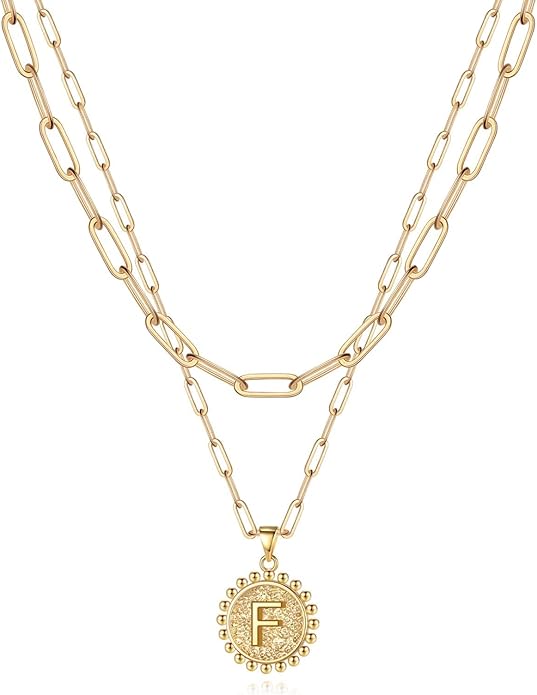 Yoosteel Gold Initial Necklaces for Women, 14K Gold Plated Dainty Layering Paperclip Link Chain Necklace Coin Initial Layered Necklaces for Women Personalized Birthday Gifts