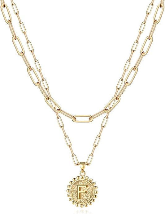 Yoosteel Gold Initial Necklaces for Women, 14K Gold Plated Dainty Layering Paperclip Link Chain Necklace Coin Initial Layered Necklaces for Women Personalized Birthday Gifts