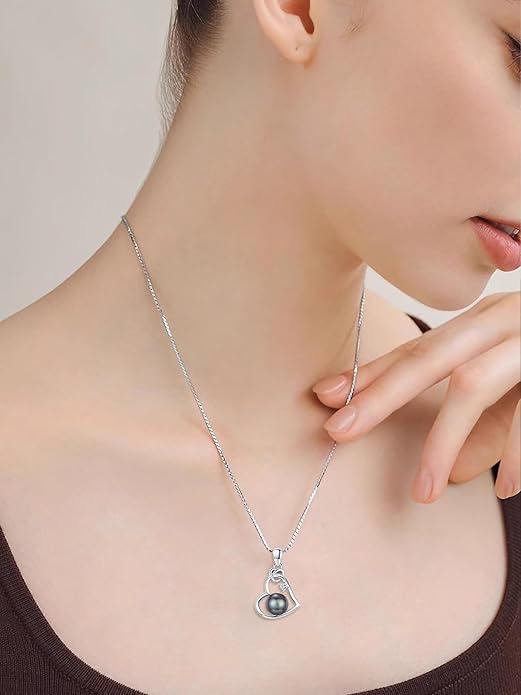 Tahitian Black Pearl 18K White Gold Plated Sterling Silver Heart/Infinity/Four Leaf Clover Pendant Necklace Jewelry Gifts for Women Wife Mom Girlfriend Wedding Birthday Anniversary Christmas